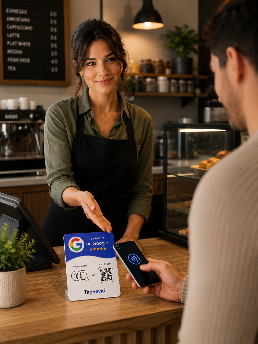 Café owner handing a TapRevio card to a customer tapping their phone