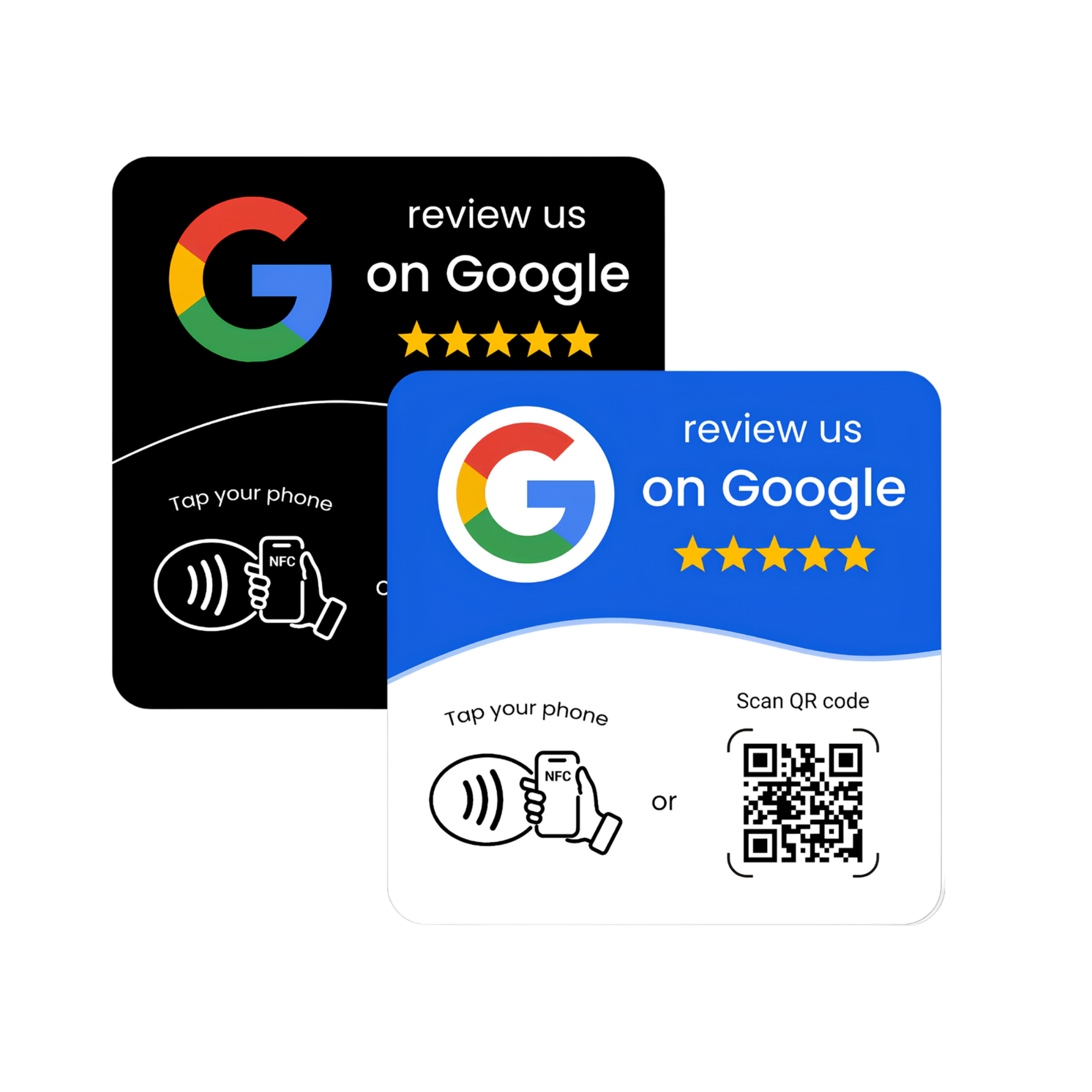 TapRevio NFC review cards in black and blue finishes